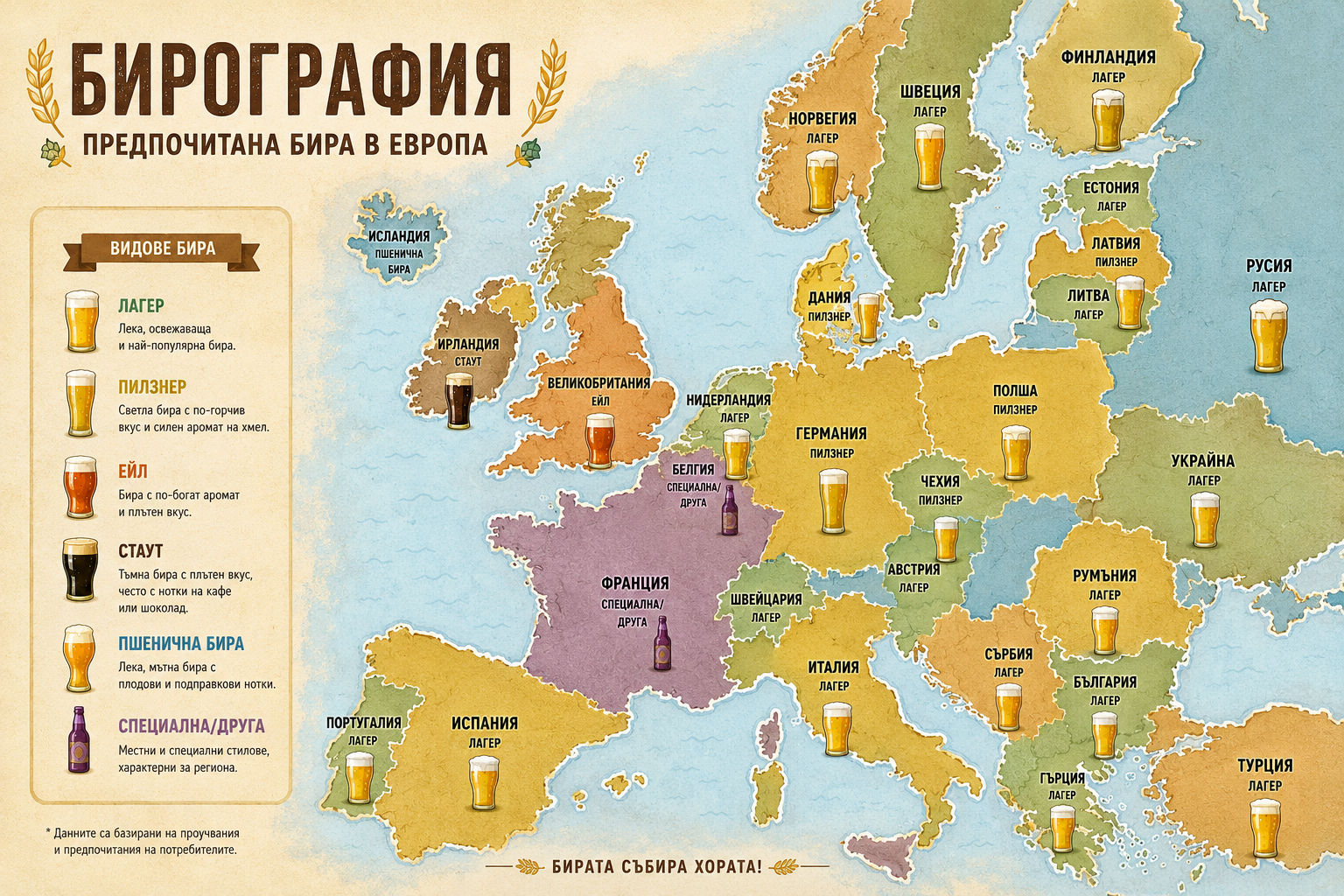 Карта на Европа с предпочитани бири
